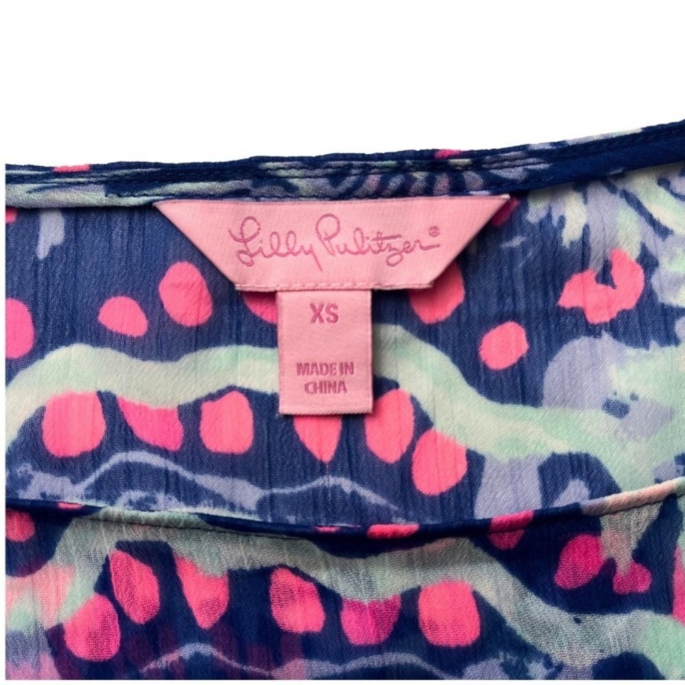 Lilly Pulitzer Fringe Kaftan Tunic Top XS Blue Pink Tropical Print Beach Boho - Picture 3 of 12